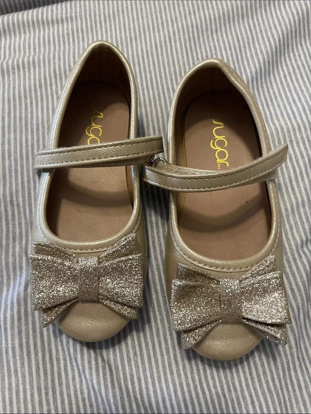Sugar Metallic Gold Mary Jane Flats with Glitter Bow